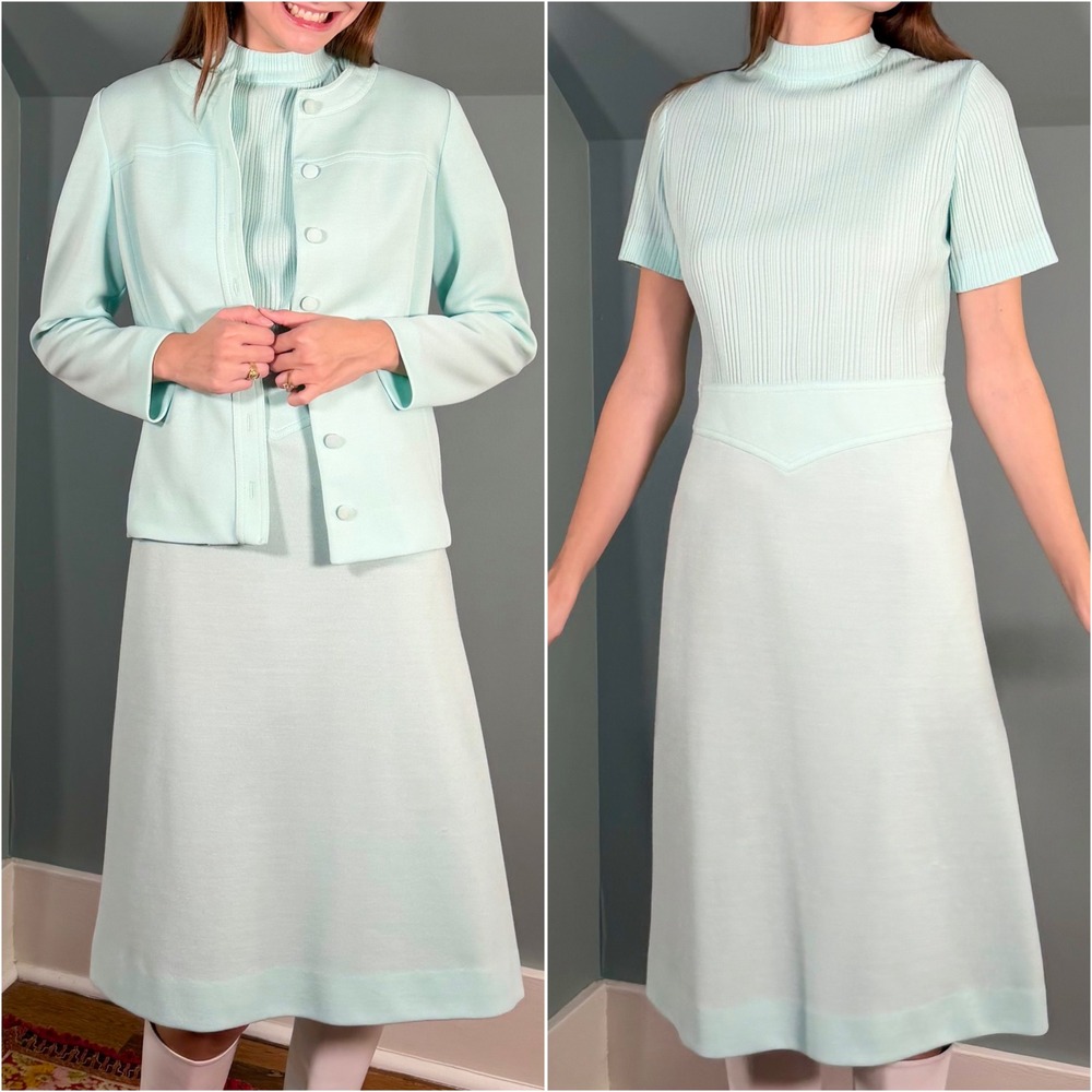 Vintage 1960s Dress & Jacket Set Mod Gogo 60s Retro Blue Shift Size Medium Large